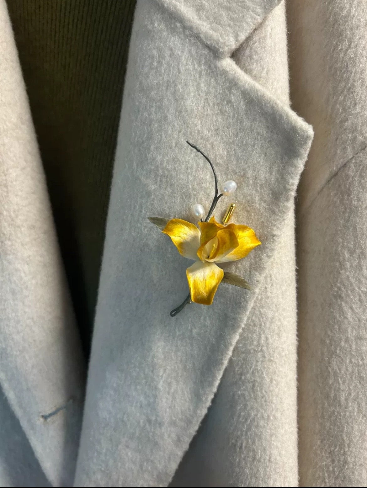 Vibrant Yellow Iris Brooch Pin Velvet Flower Mulberry Silk Pearl Artisan Jewelry