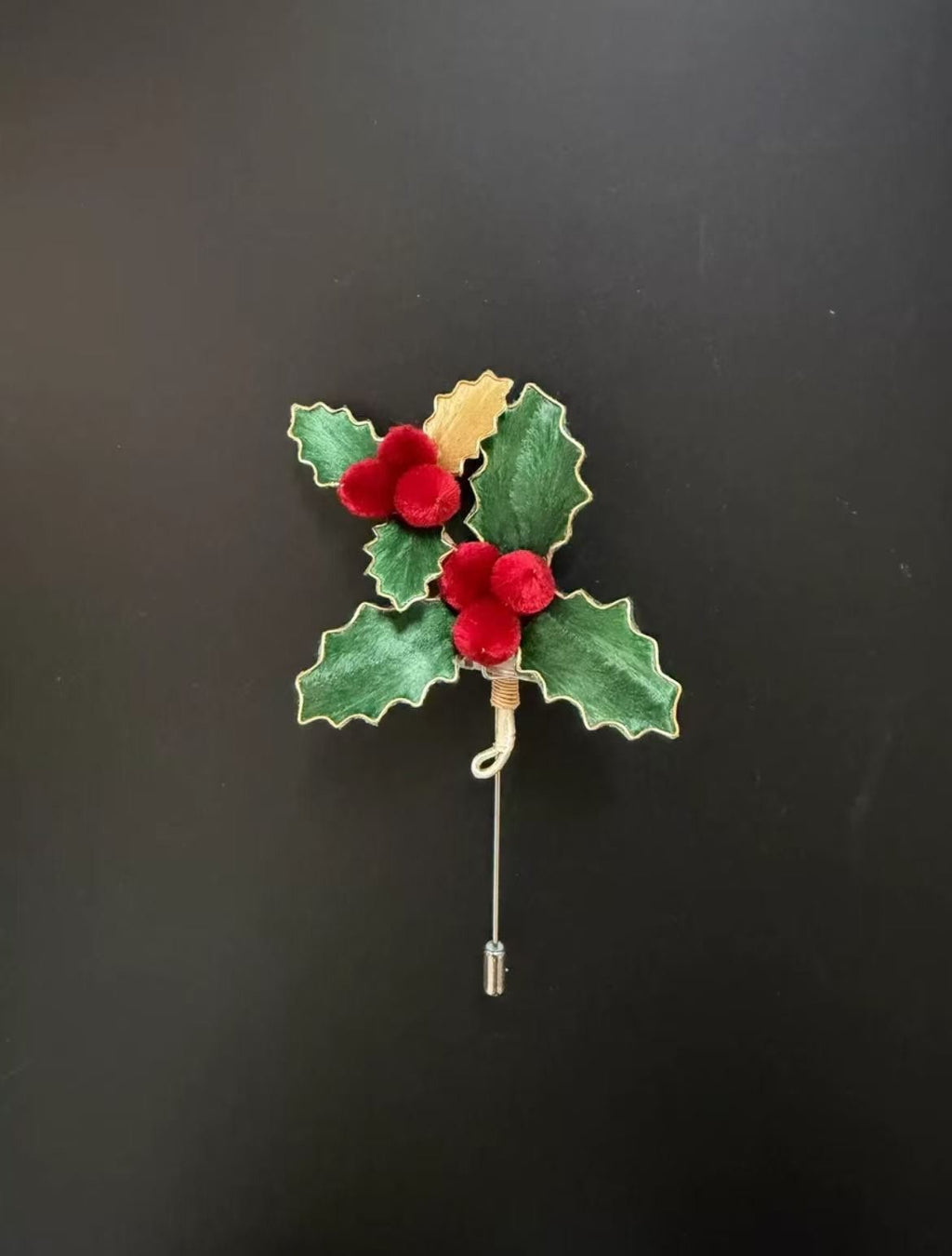Holly Berry Brooch Christmas Velvet Red Green Pin Handmade Holiday Gift 10cm