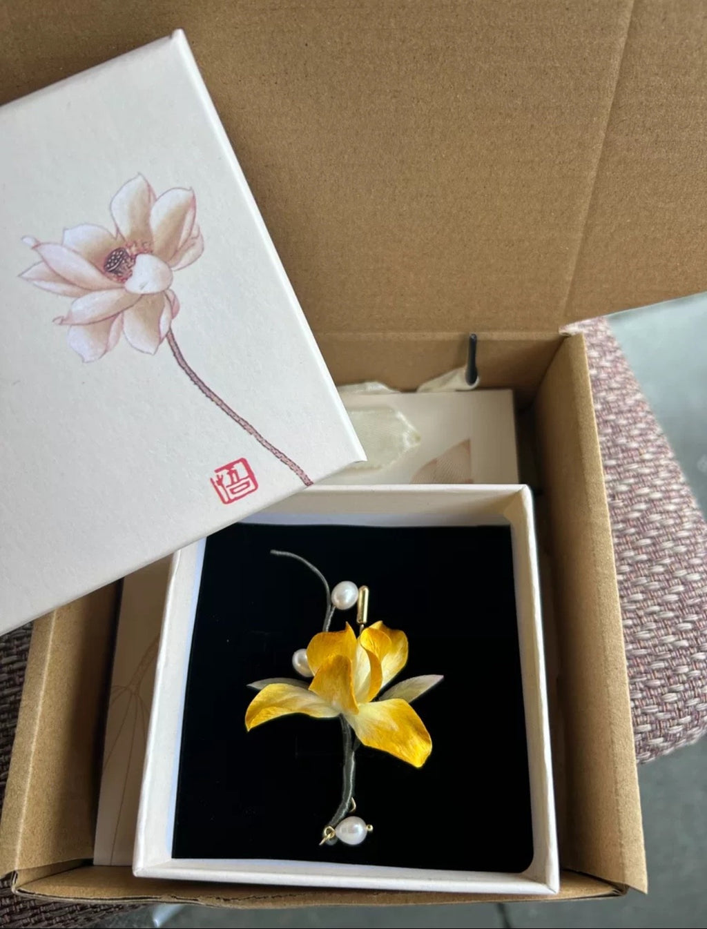 Vibrant Yellow Iris Brooch Pin Velvet Flower Mulberry Silk Pearl Artisan Jewelry