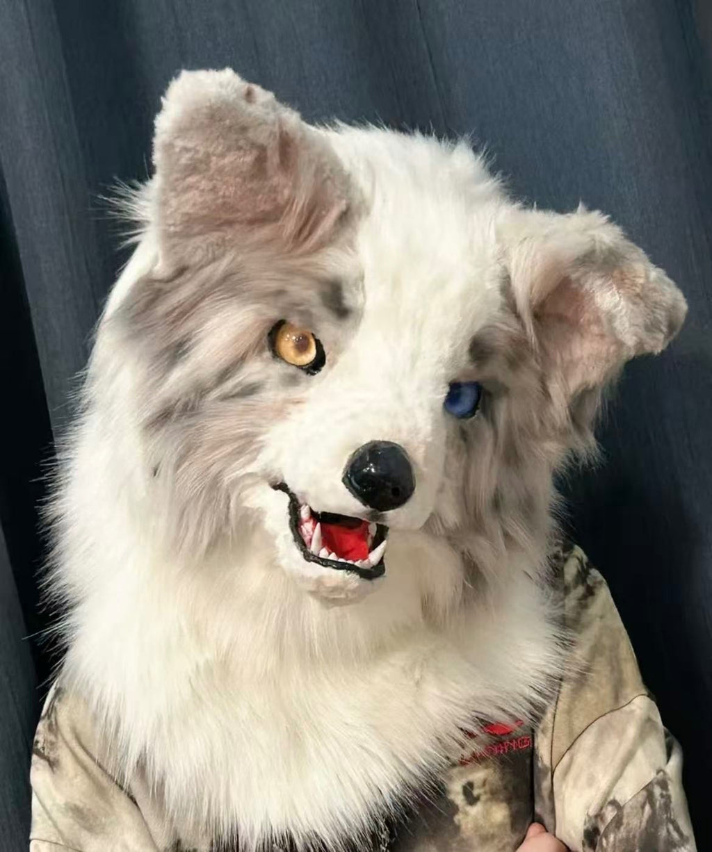 Realistic Lilac Merle Border Collie Fursuit Head Heterochromia Moving Jaw