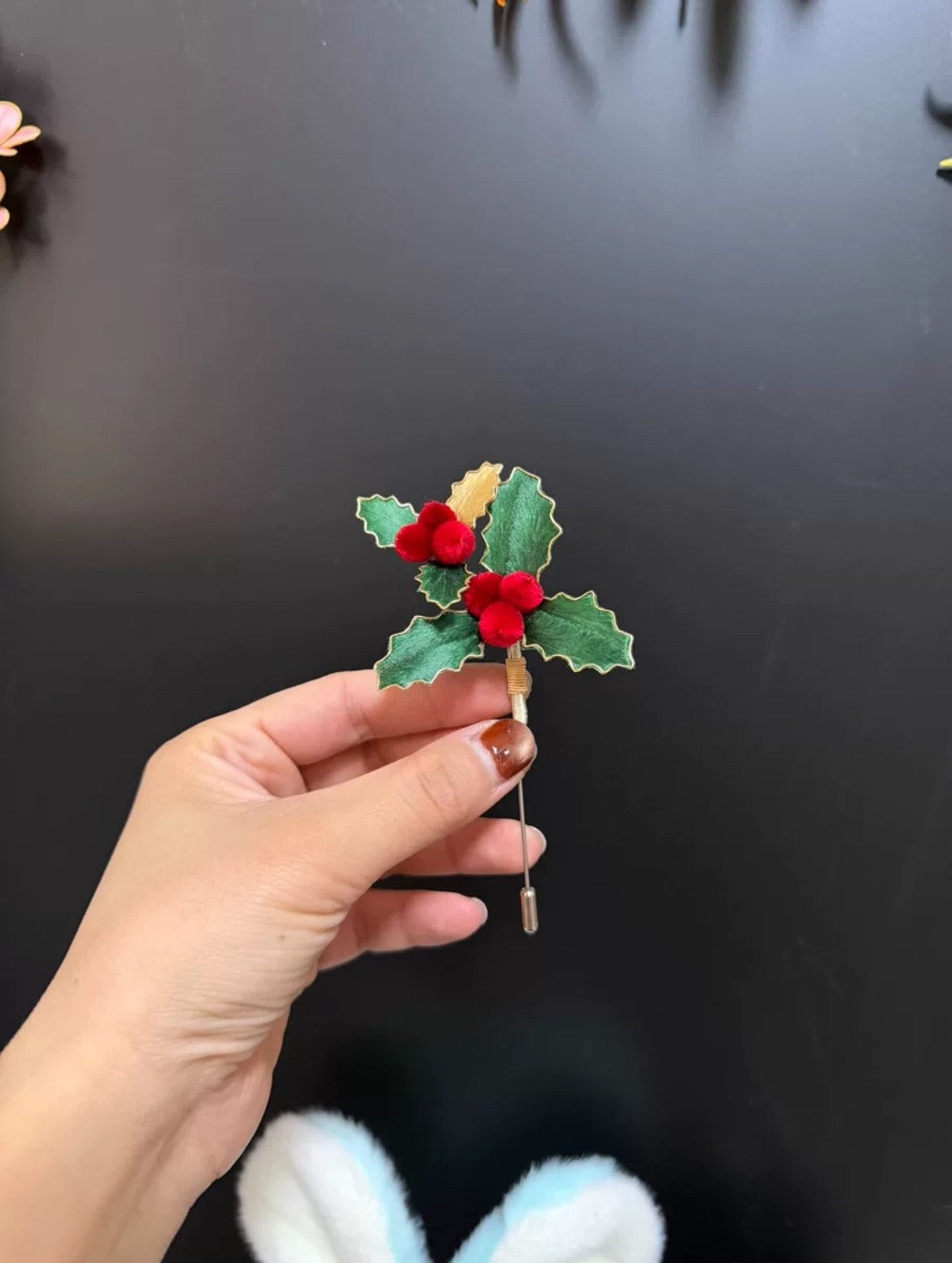 Holly Berry Brooch Christmas Velvet Red Green Pin Handmade Holiday Gift 10cm