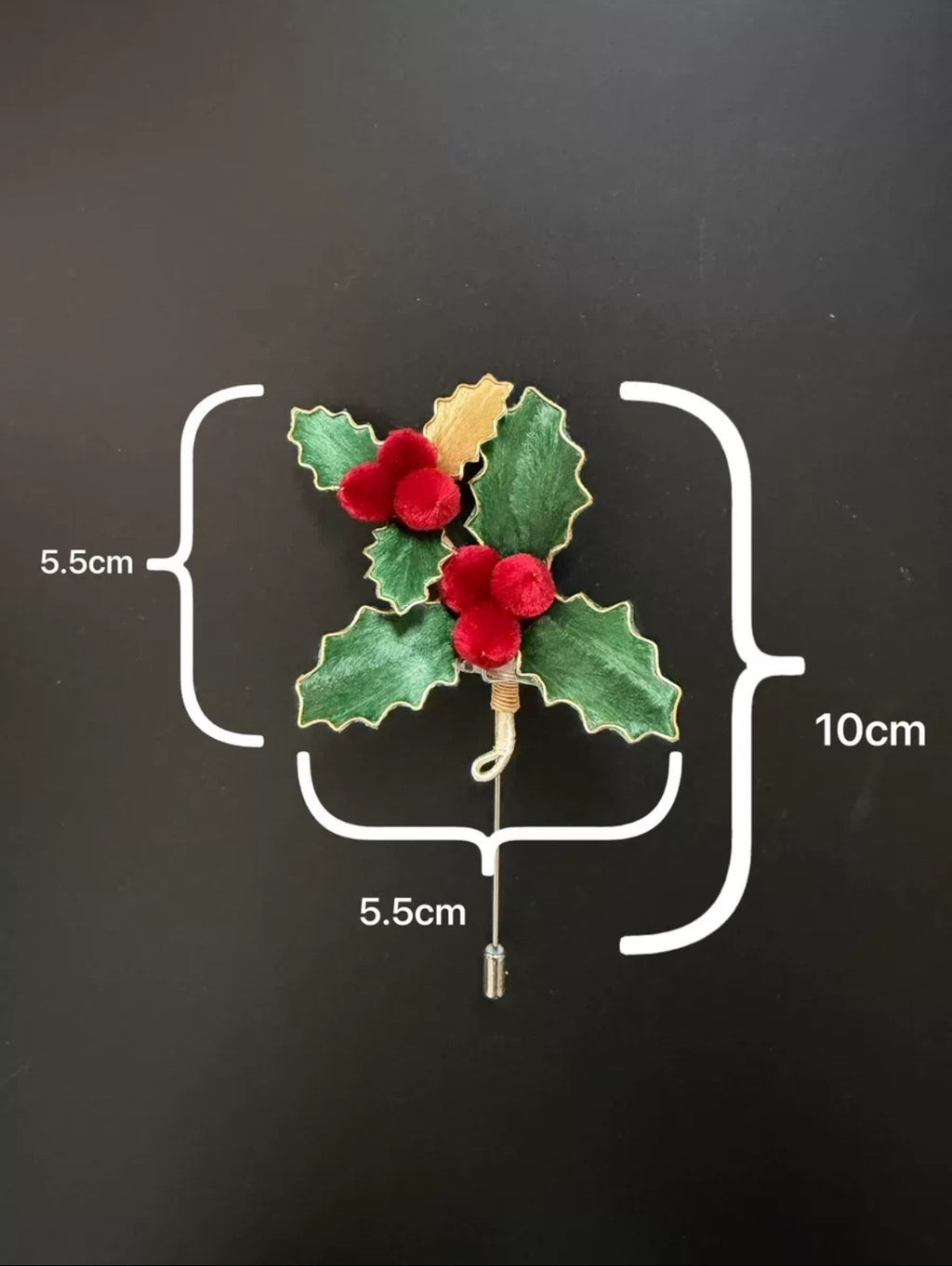 Holly Berry Brooch Christmas Velvet Red Green Pin Handmade Holiday Gift 10cm