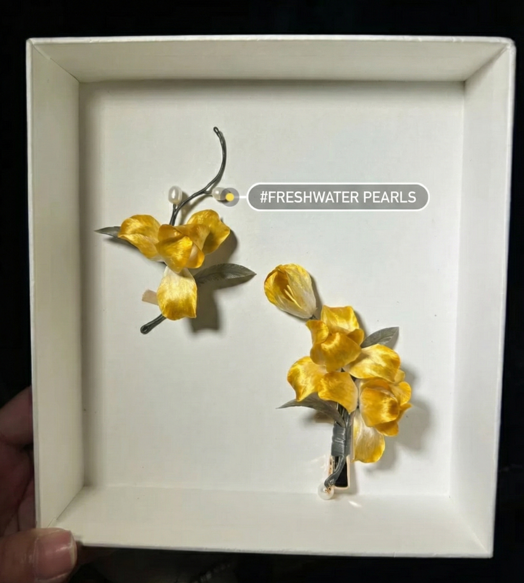 Vibrant Yellow Iris Brooch Pin Velvet Flower Mulberry Silk Pearl Artisan Jewelry