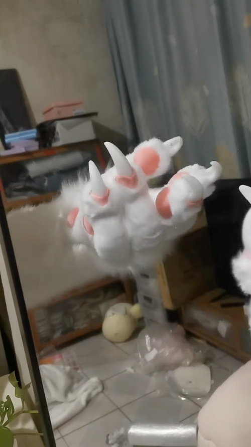 Custom Realistic White Cat Fursuit Paws Pink Beans Sharp Claws Furry Handpaws