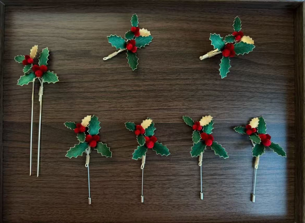 Holly Berry Brooch Christmas Velvet Red Green Pin Handmade Holiday Gift 10cm