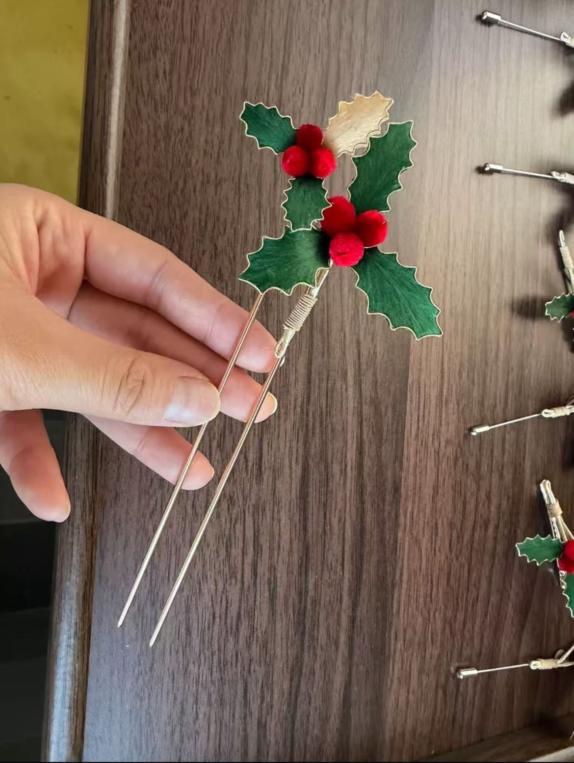 Holly Berry Brooch Christmas Velvet Red Green Pin Handmade Holiday Gift 10cm