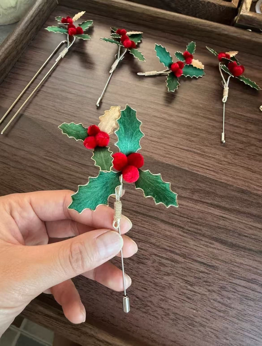 Holly Berry Brooch Christmas Velvet Red Green Pin Handmade Holiday Gift 10cm