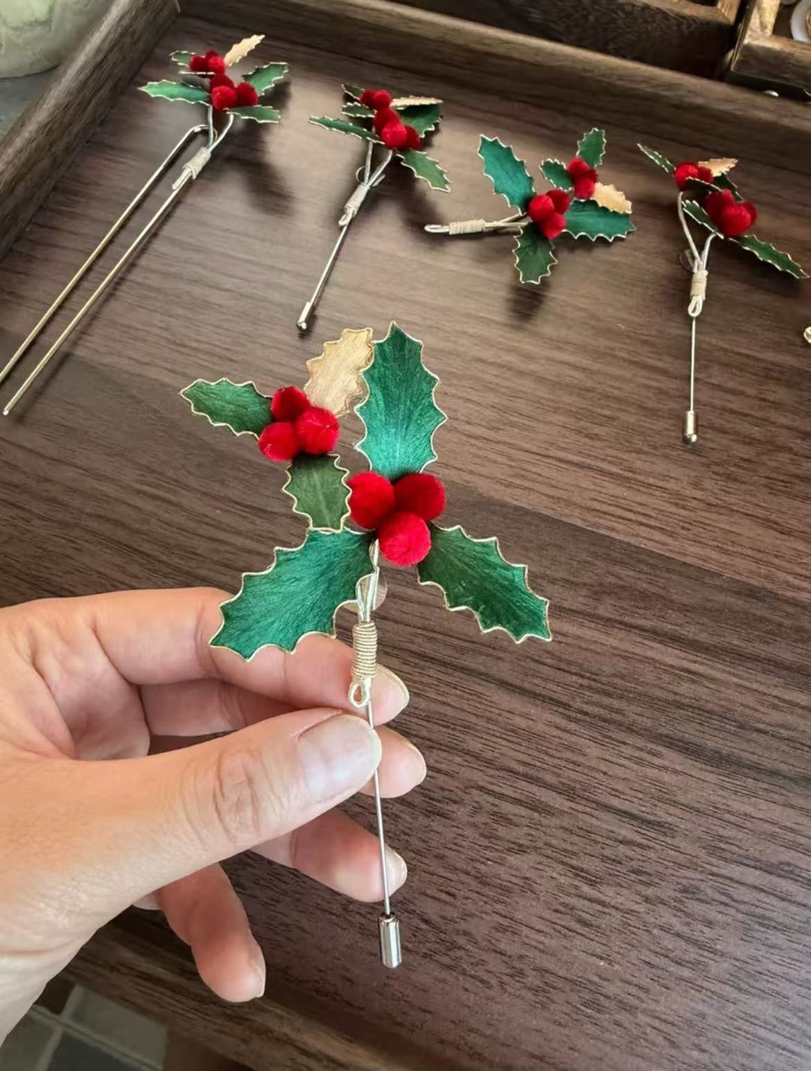 Holly Berry Brooch Christmas Velvet Red Green Pin Handmade Holiday Gift 10cm