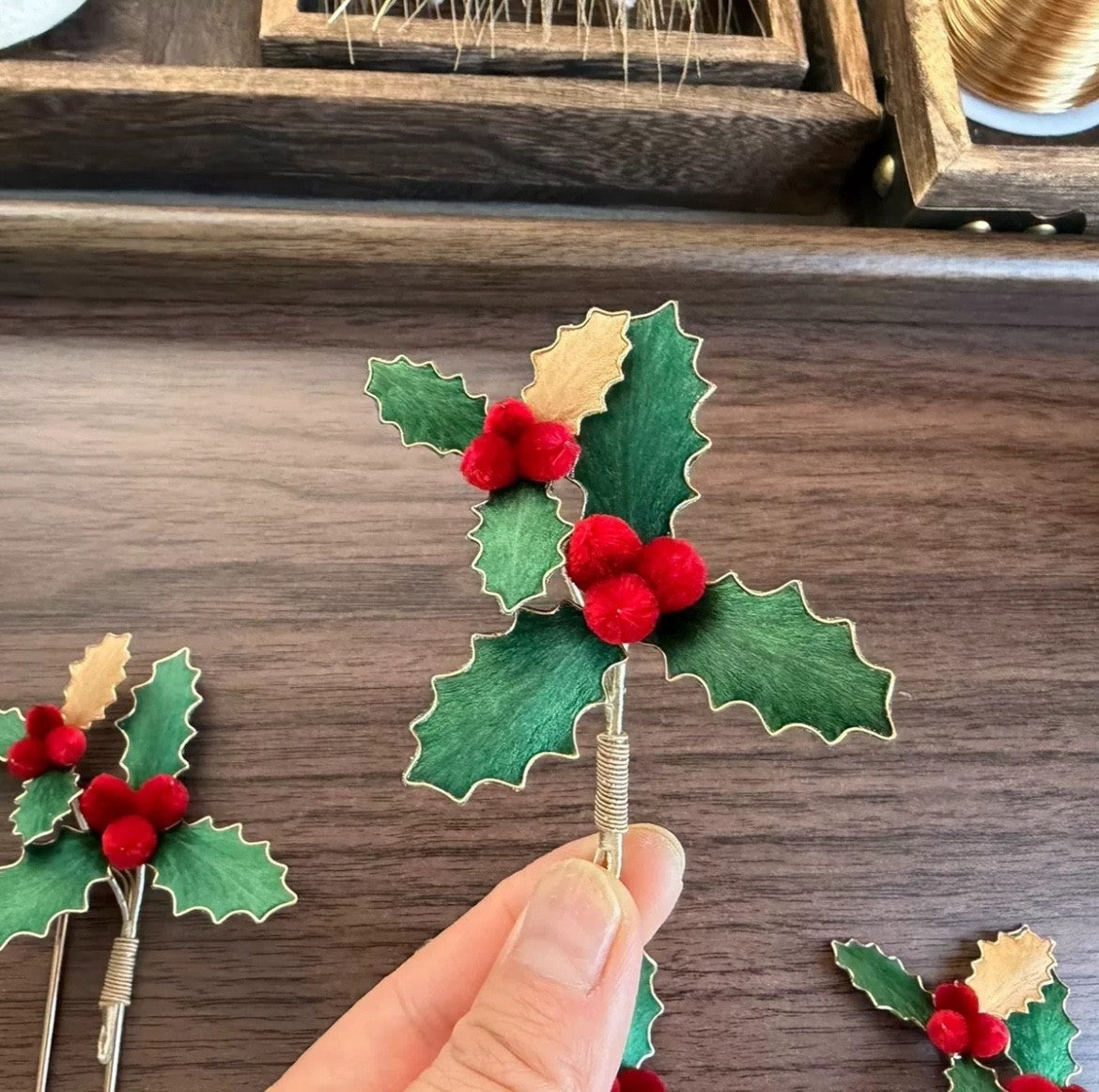 Holly Berry Brooch Christmas Velvet Red Green Pin Handmade Holiday Gift 10cm