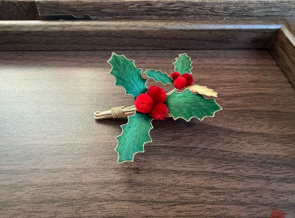Holly Berry Brooch Christmas Velvet Red Green Pin Handmade Holiday Gift 10cm