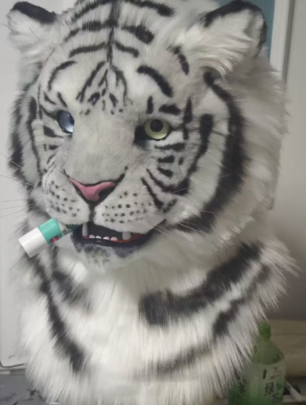 Custom White Tiger Fursuit Head Heterochromia Eyes Moving Jaw