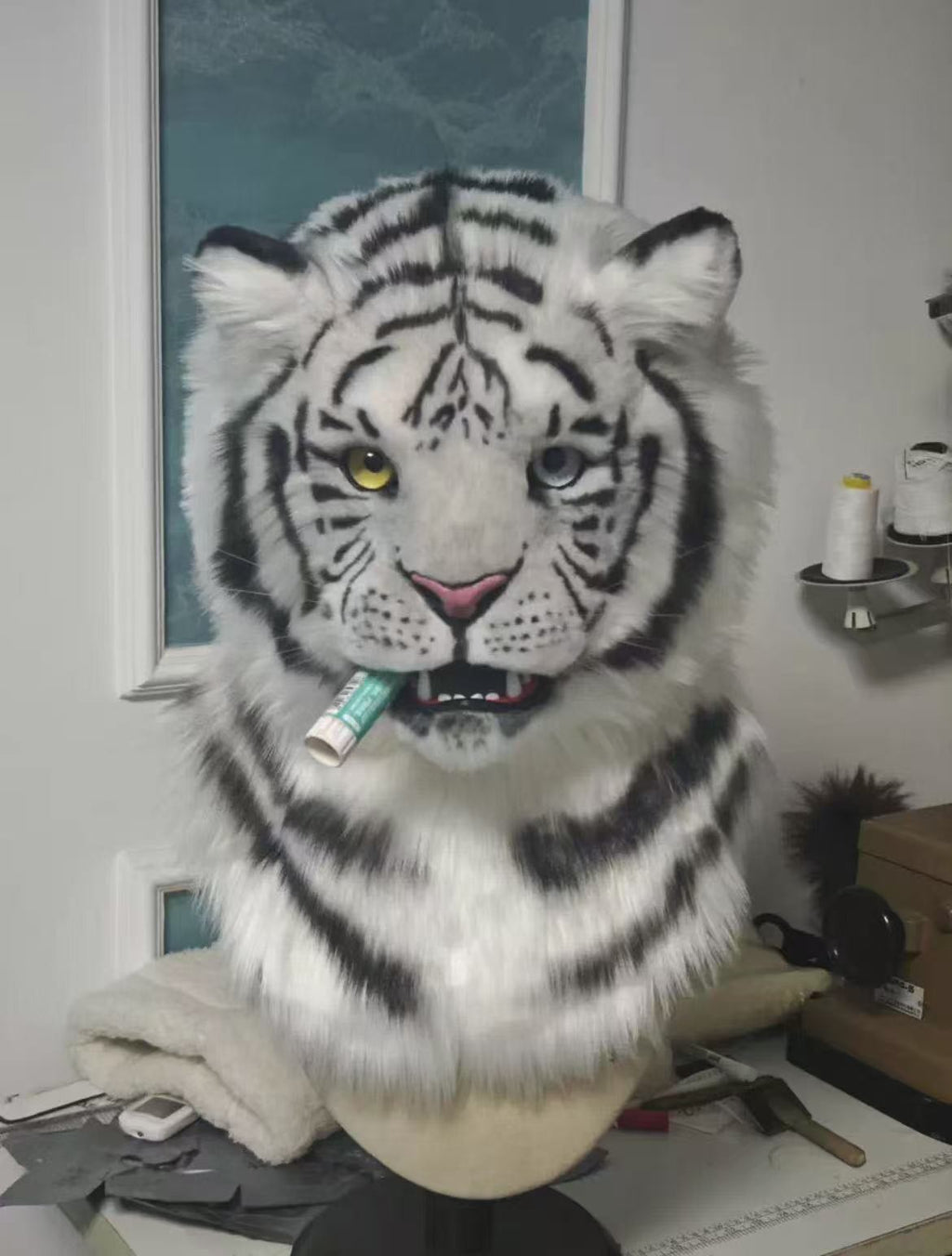 Custom White Tiger Fursuit Head Heterochromia Eyes Moving Jaw